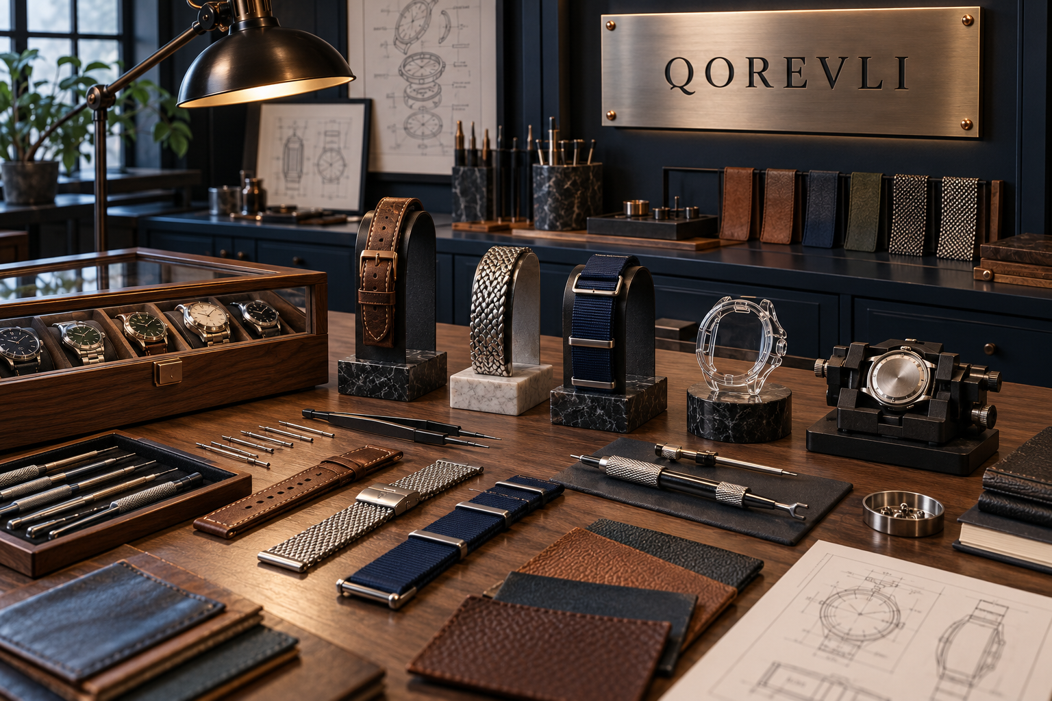 Qorevli watch accessory atelier with leather, steel and nylon straps, storage box, display stands, protective case and precision tools